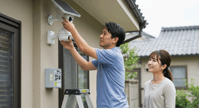 壁に取り付けられた屋外ソーラー防犯カメラ