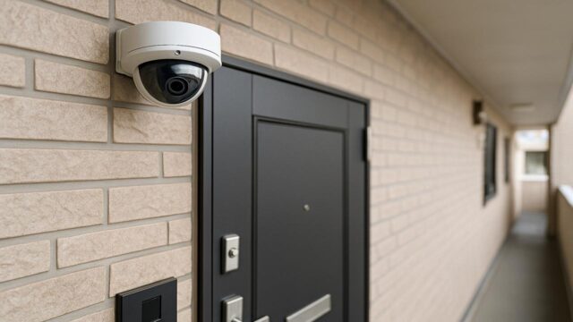 賃貸玄関に設置されたワイヤレス防犯カメラ