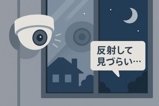 室内から窓越しに設置された防犯カメラと反射例