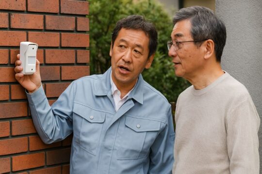 防犯センサーを設置しながら近隣住民と話し合う様子