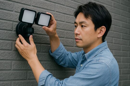 防犯ライトを壁に取り付けながら角度を調整する人