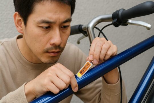 自転車フレームに貼られた防犯登録シールを丁寧にはがしている様子