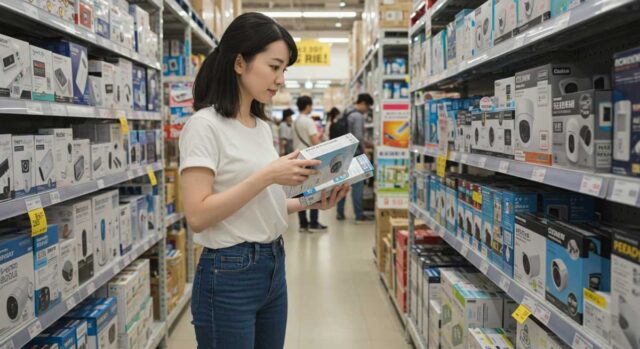 人気の防犯カメラやアラーム、ライトなどが並ぶ売り場の写真