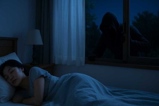 夏の夜に窓を開けたまま寝る危険性を説明するイメージ画像