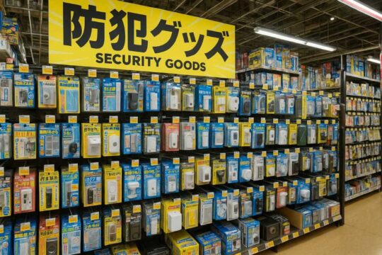 ドンキホーテ店内の防犯グッズ売り場と商品陳列の様子