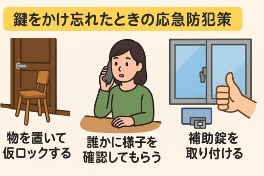 鍵をかけ忘れたときの応急防犯策を紹介するイラスト