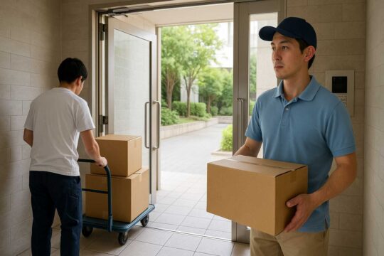 宅配や引越しで扉が開いたままになるエントランスのシーン