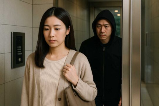 オートロック付きマンションで住民の後ろに続く不審者