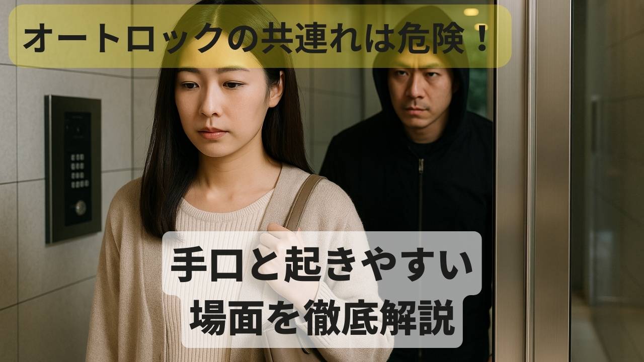 オートロック付きマンションで住民の後ろに続く不審者のイメージ