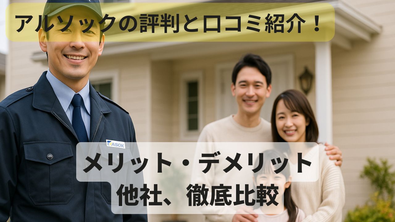 アルソックの評判や口コミをイメージした、安心感のある家庭向けセキュリティのイラスト。家の前に警備員が立ち、家族が安心して暮らす様子