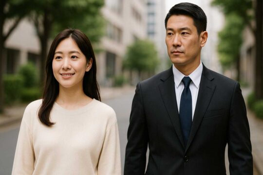 穏やかな表情の依頼者が、そばに立つボディーガードとともに街を歩いている場面。信頼と安全を感じさせる柔らかい雰囲気