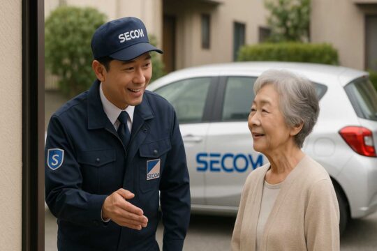 セコムの制服を着たスタッフが玄関先で高齢者に声をかけ、安心させている場面。背景に「SECOM」ロゴ入り車両が停車