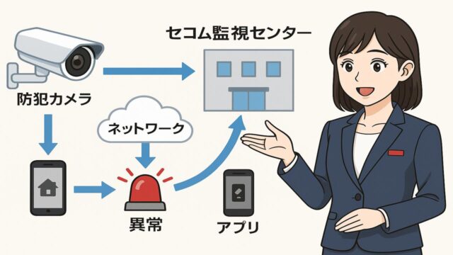 セコムの防犯カメラの監視システムの仕組みを説明する図