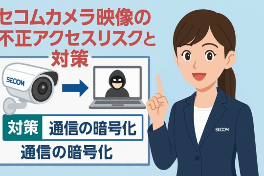 セコムカメラ映像の不正アクセスリスクと対策を示すイラスト