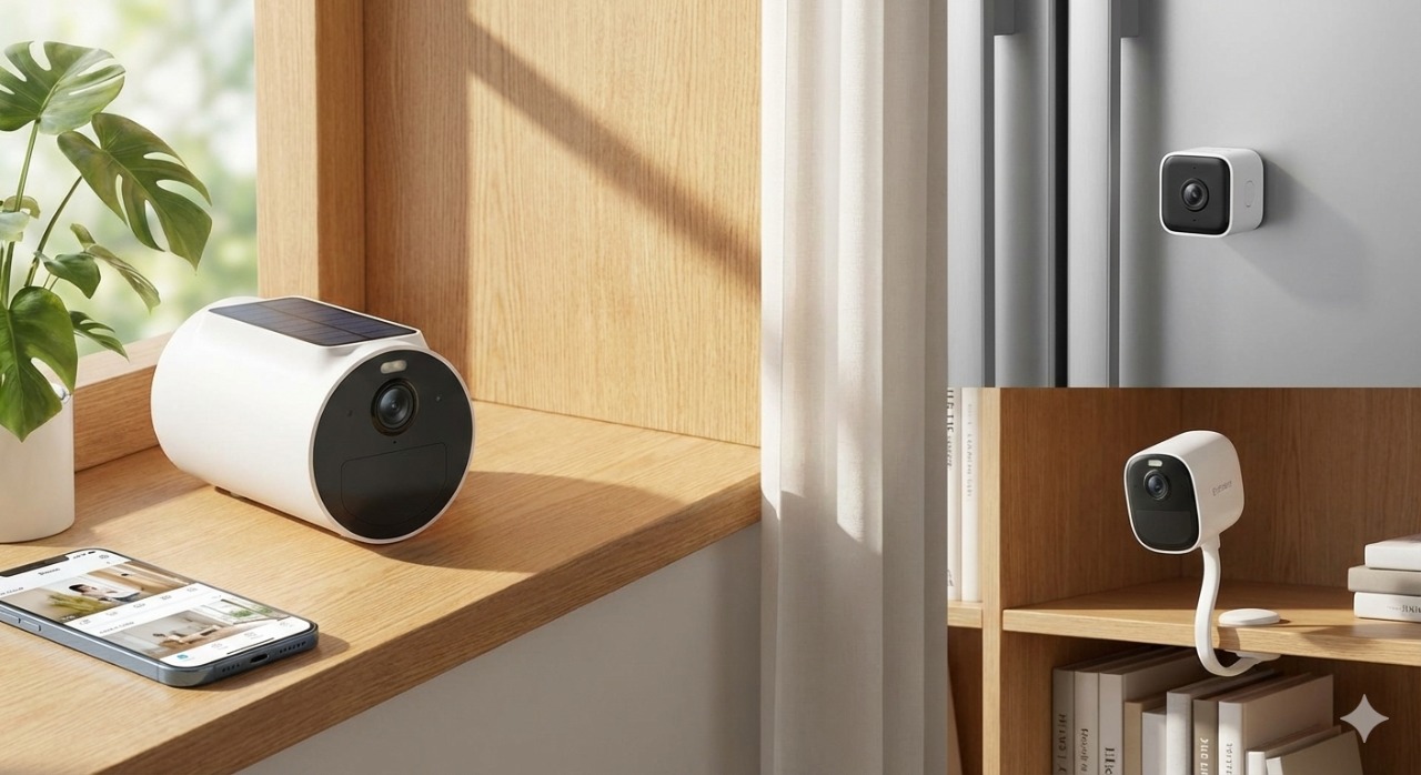 室内のテーブルにHomeBaseと屋内カメラ