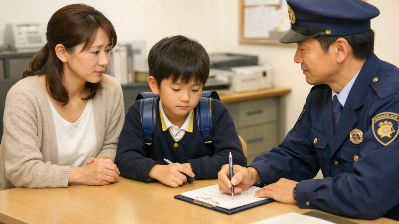 不安そうな保護者と小学生がテーブルで向き合い、メモを取りながら落ち着いて話し合う