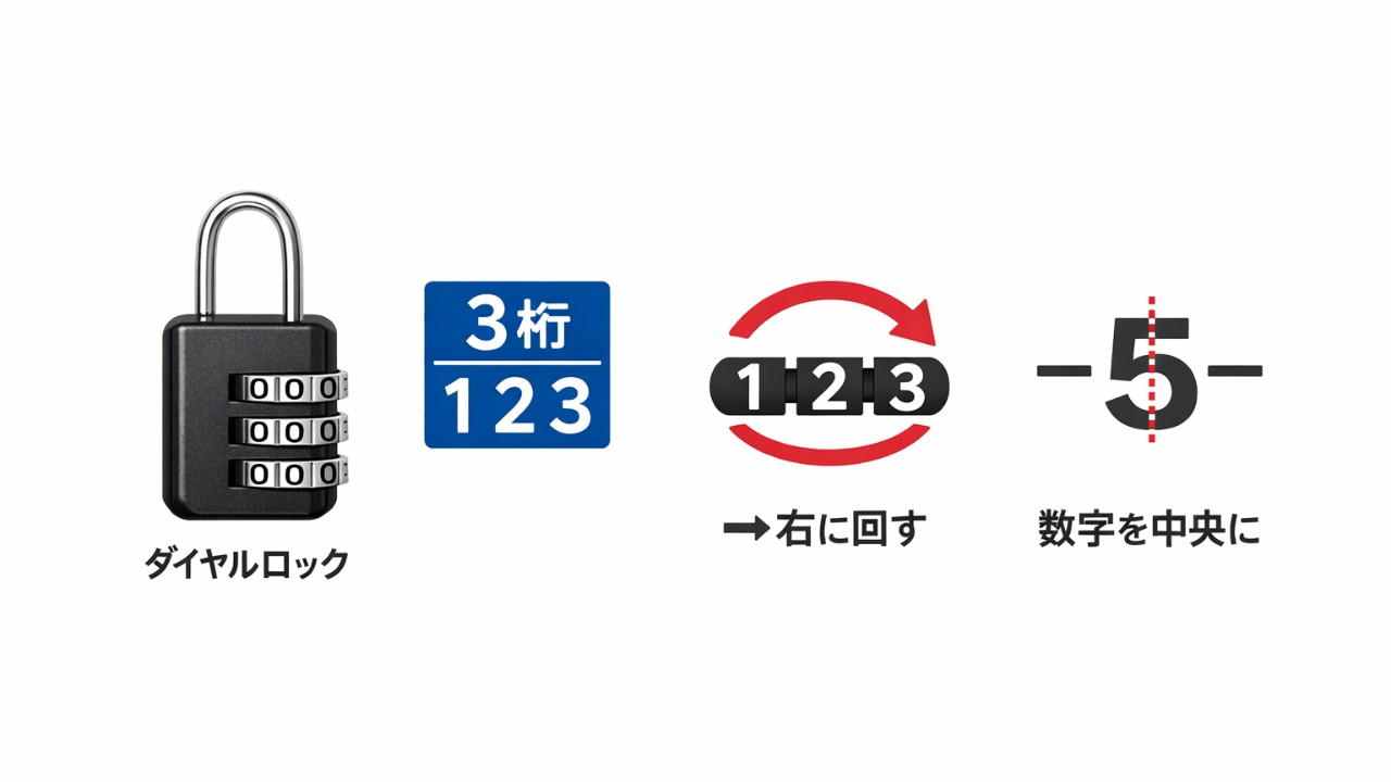 100均の小型ダイヤルロックと、確認手順（桁数・向き・数字中央）をアイコンで並べたシンプルな説明図