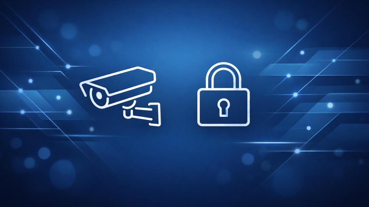 清潔感のあるネイビー基調。ネットカフェを連想する抽象背景に、シンプルな防犯カメラアイコンと鍵アイコン