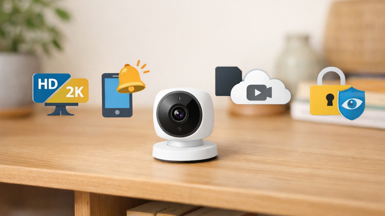 リビングの棚に置かれた小型の室内見守りカメラ、選定基準のアイコン（画質・通知・録画・プライバシー）