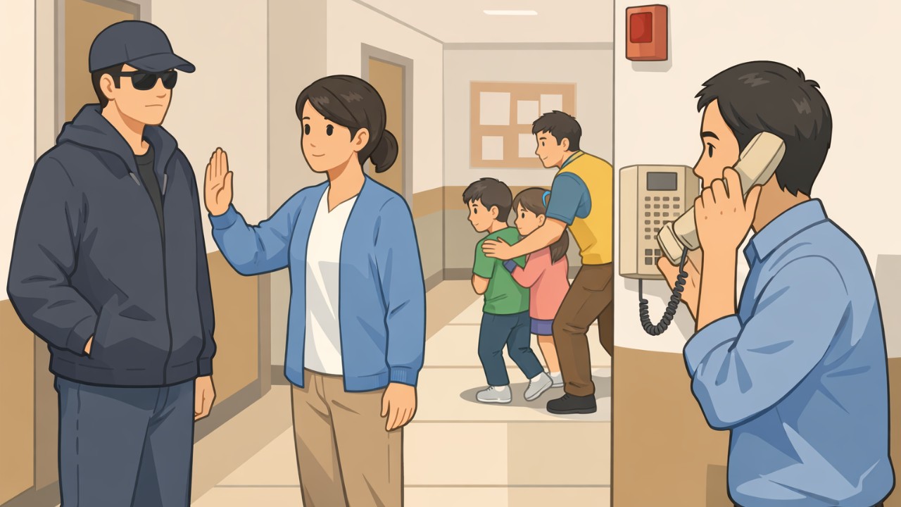 施設内の廊下で職員が距離を取りながら声かけし、別の職員が内線で通報する訓練風景