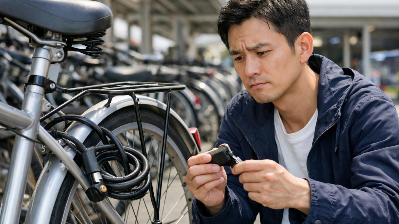 駅前の駐輪場で自転車の鍵が開かず困っている人物と自転車