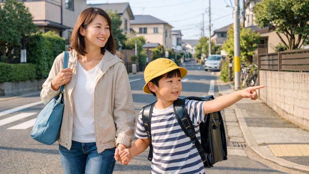 小学生と保護者が通学路で周囲を確認しながら歩いている、朝の住宅街、明るい雰囲気