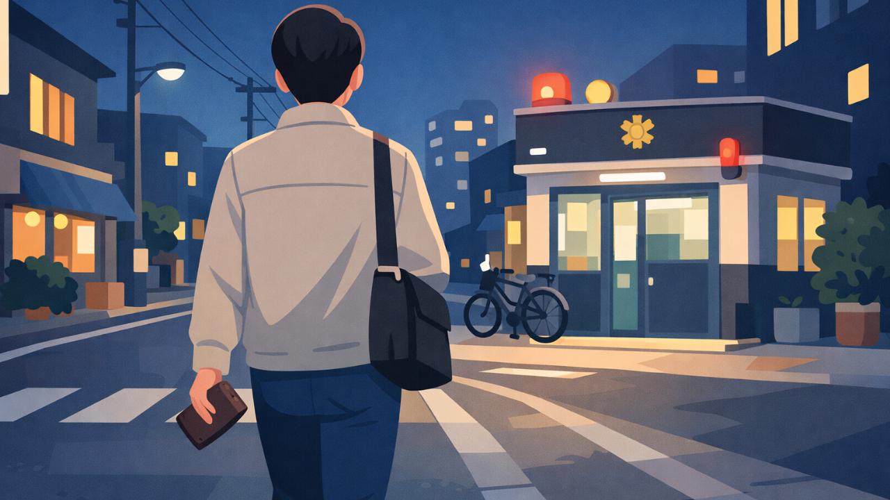 夜の街角で落とし物の財布を見つけ、交番へ向かう人物の後ろ姿