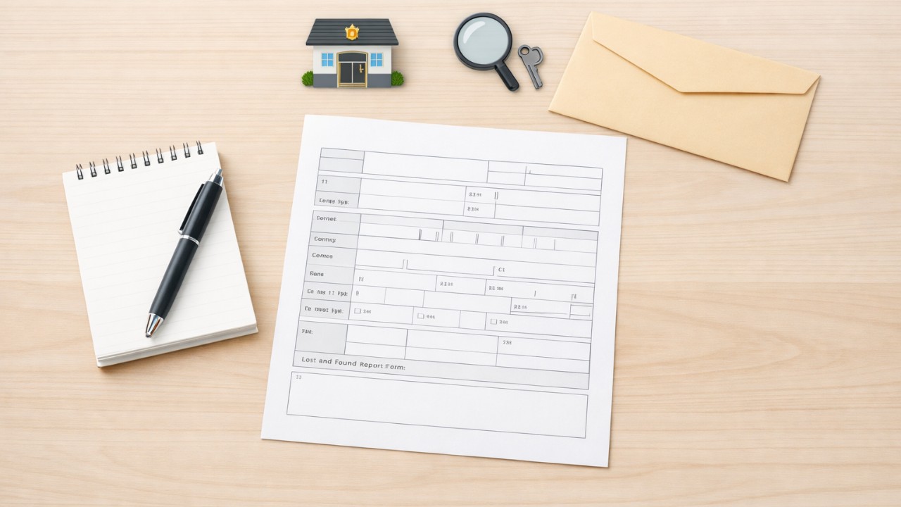 机の上にメモ帳とペン、封筒、交番を連想させるシンプルなアイコン