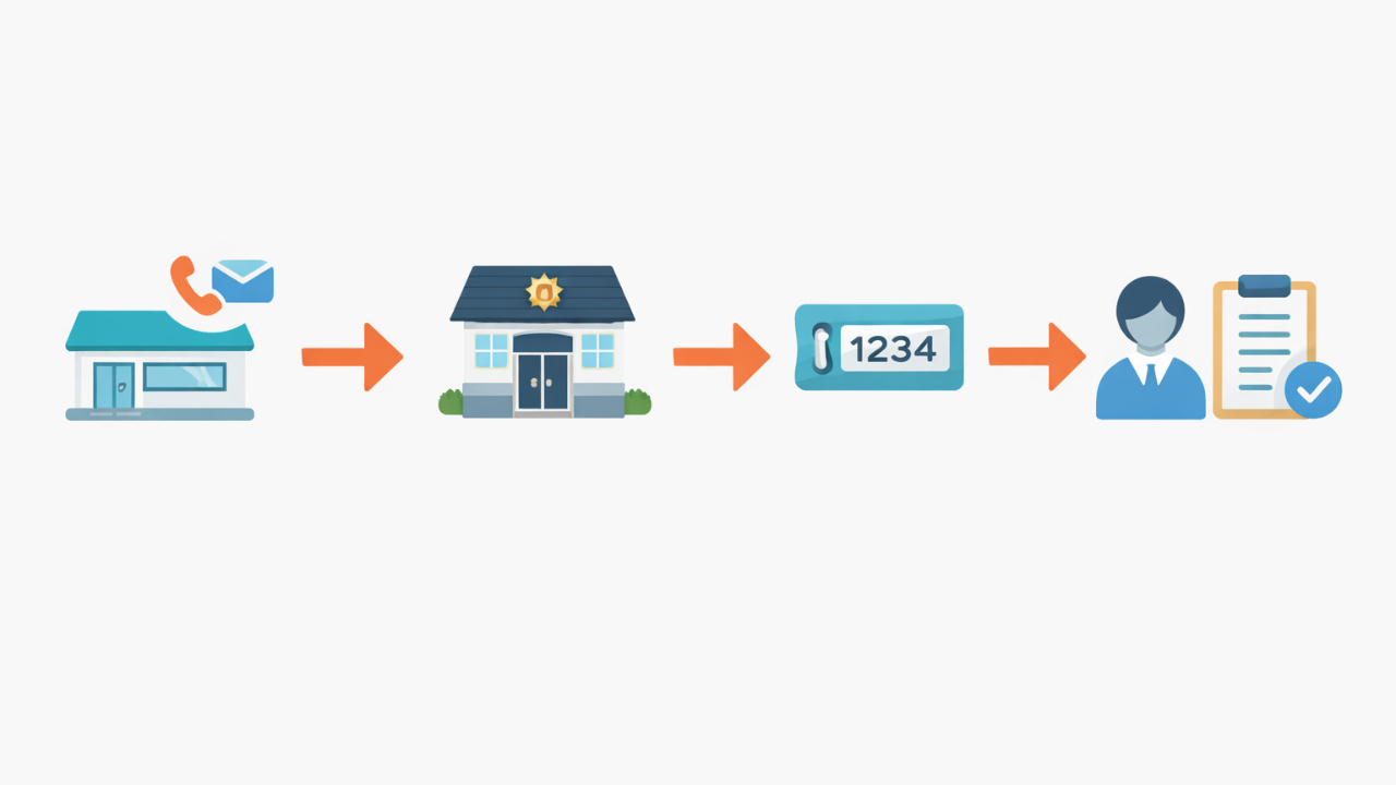 施設へ連絡→警察へ遺失届→受理番号→提出先へ説明、の4ステップをアイコンと矢印で示すフラットデザイン