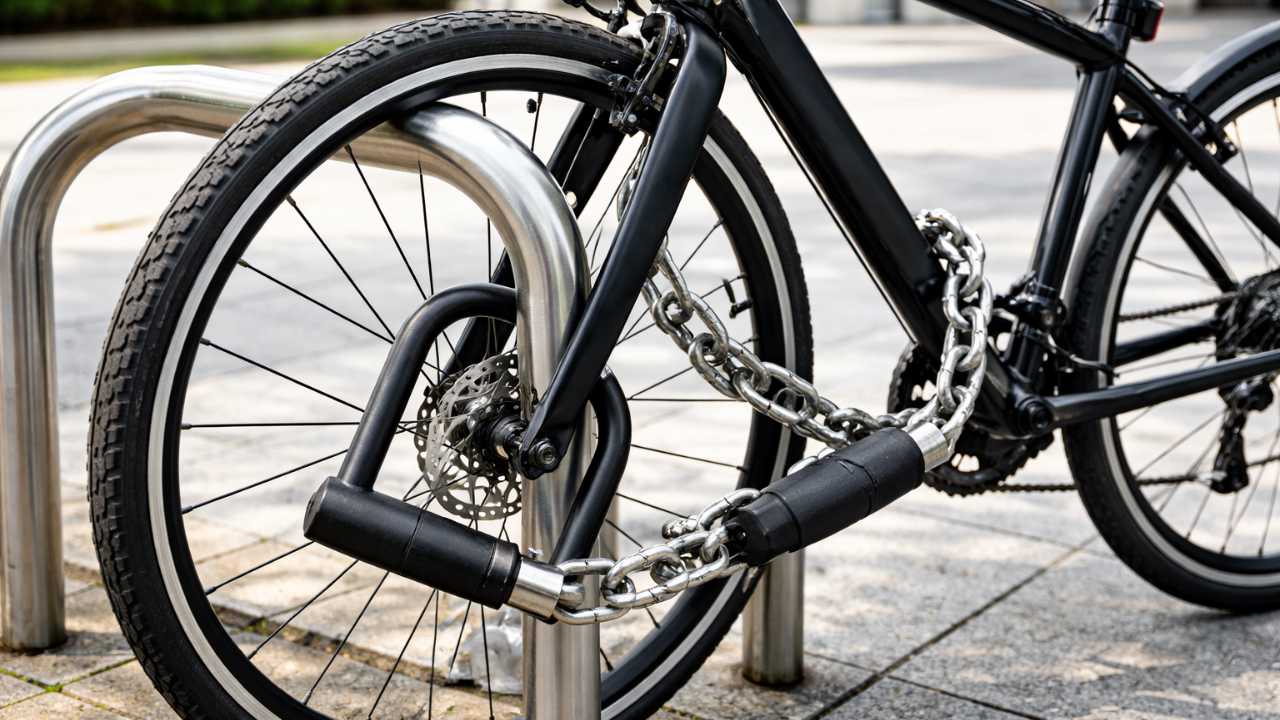 スポーツ自転車の前輪とフレームを二重ロックしている写真風