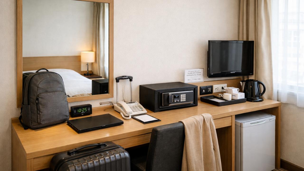 日本のビジネスホテル客室、鏡とデスク周りが見える清潔な室内