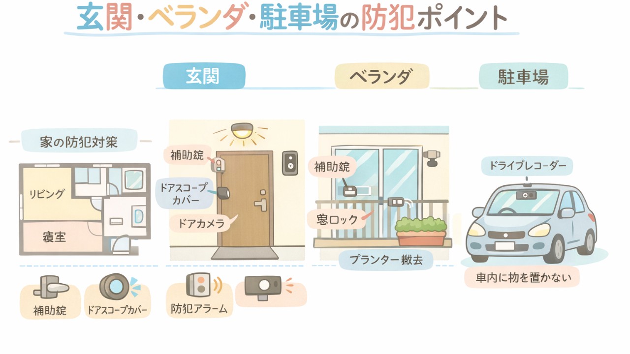 「玄関・ベランダ・駐車場の防犯ポイントを示す図解、家の間取りアイコン、センサーライトや補助錠の位置