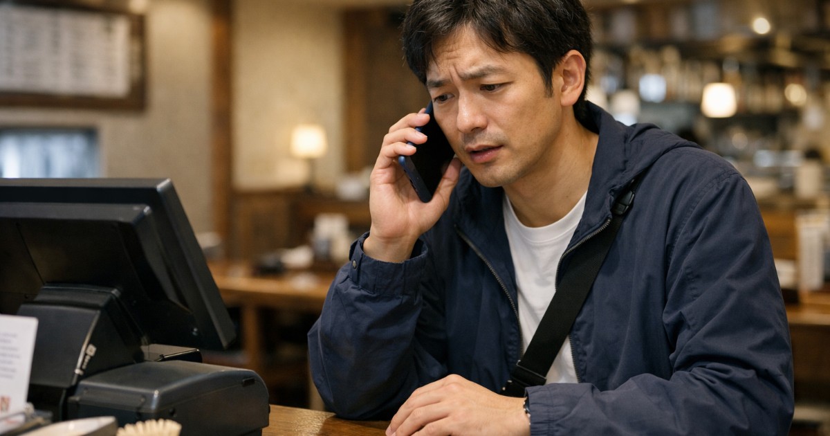 飲食店のレジ前で困っている人物、スマホで店舗に連絡している様子