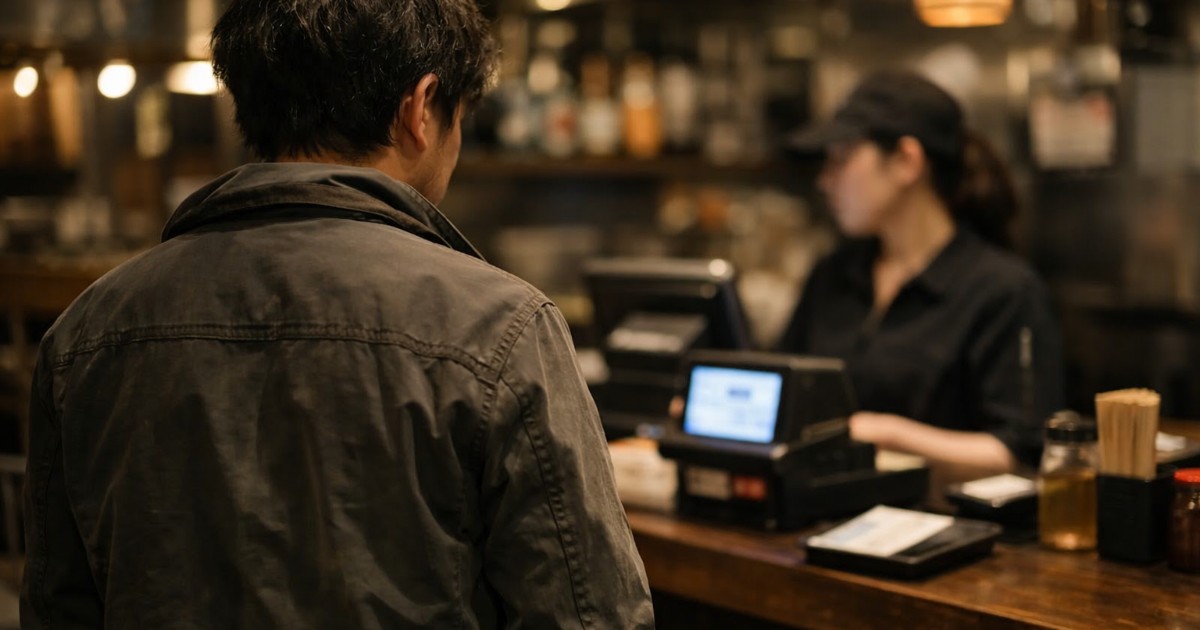 夜の飲食店レジ前、会計を迷う人物の後ろ姿