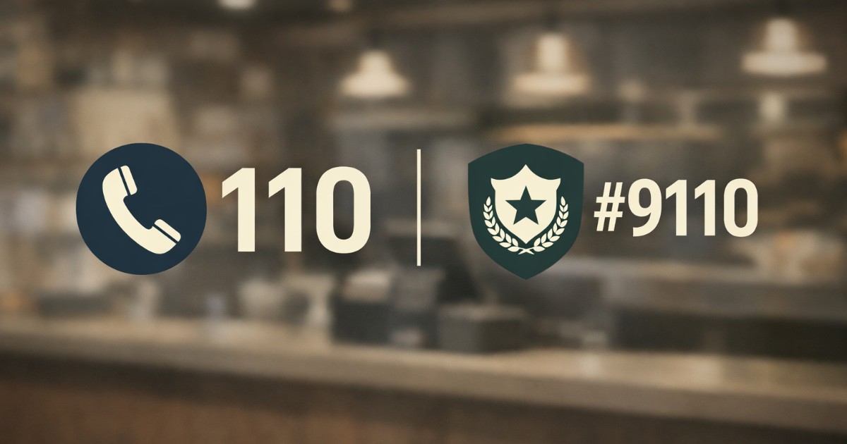 飲食店の会計カウンター背景に「110番」「#9110」を並べたシンプルなインフォグラフィック