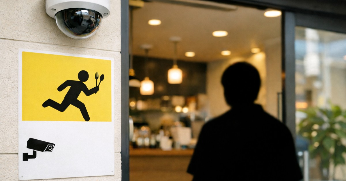 飲食店の入口に設置された防犯カメラと掲示サインが自然に写る