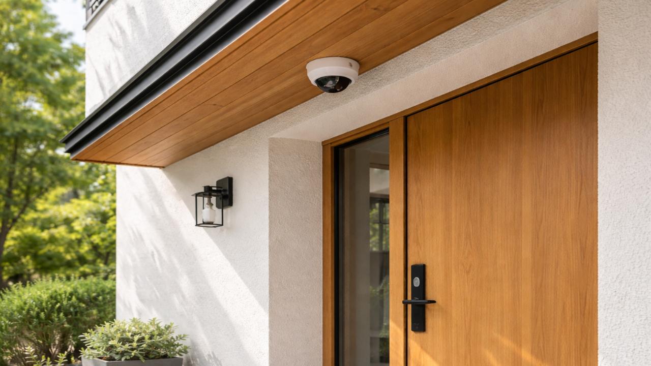 住宅の玄関軒下に小型ドーム型防犯カメラが自然になじんで設置されている様子