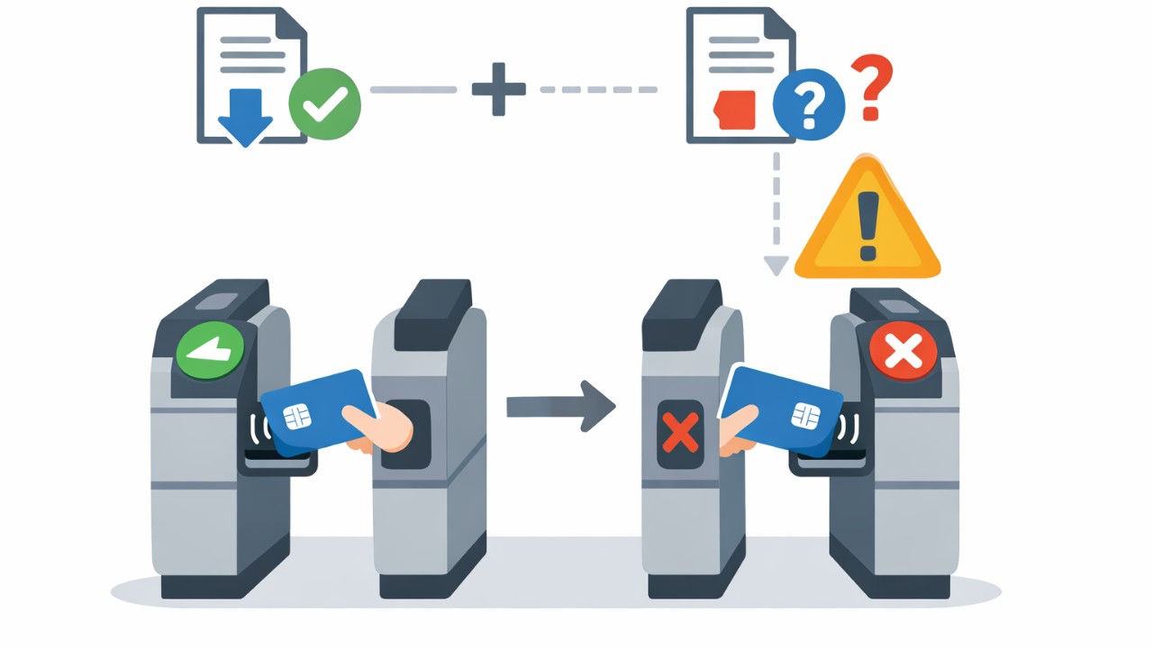 駅の改札機とICカードをシンプルなフラットイラストで描く