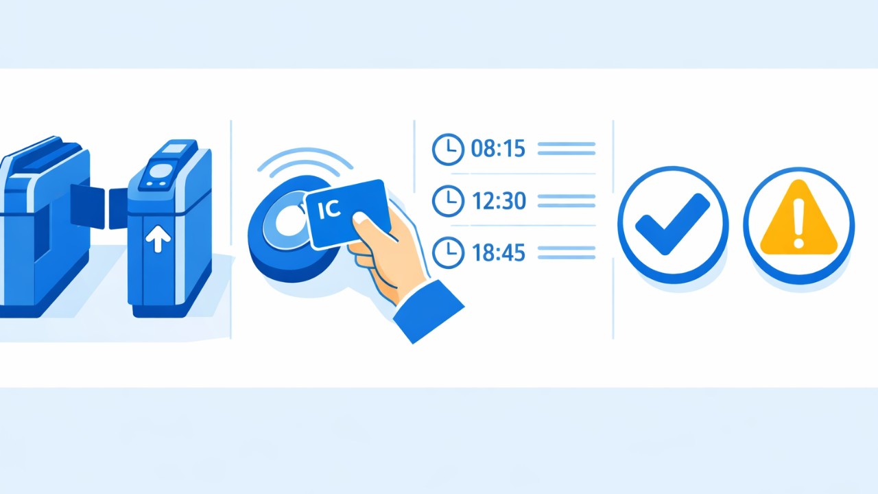 駅の自動改札、ICカード、時刻付きログ、チェックマークと警告マーク