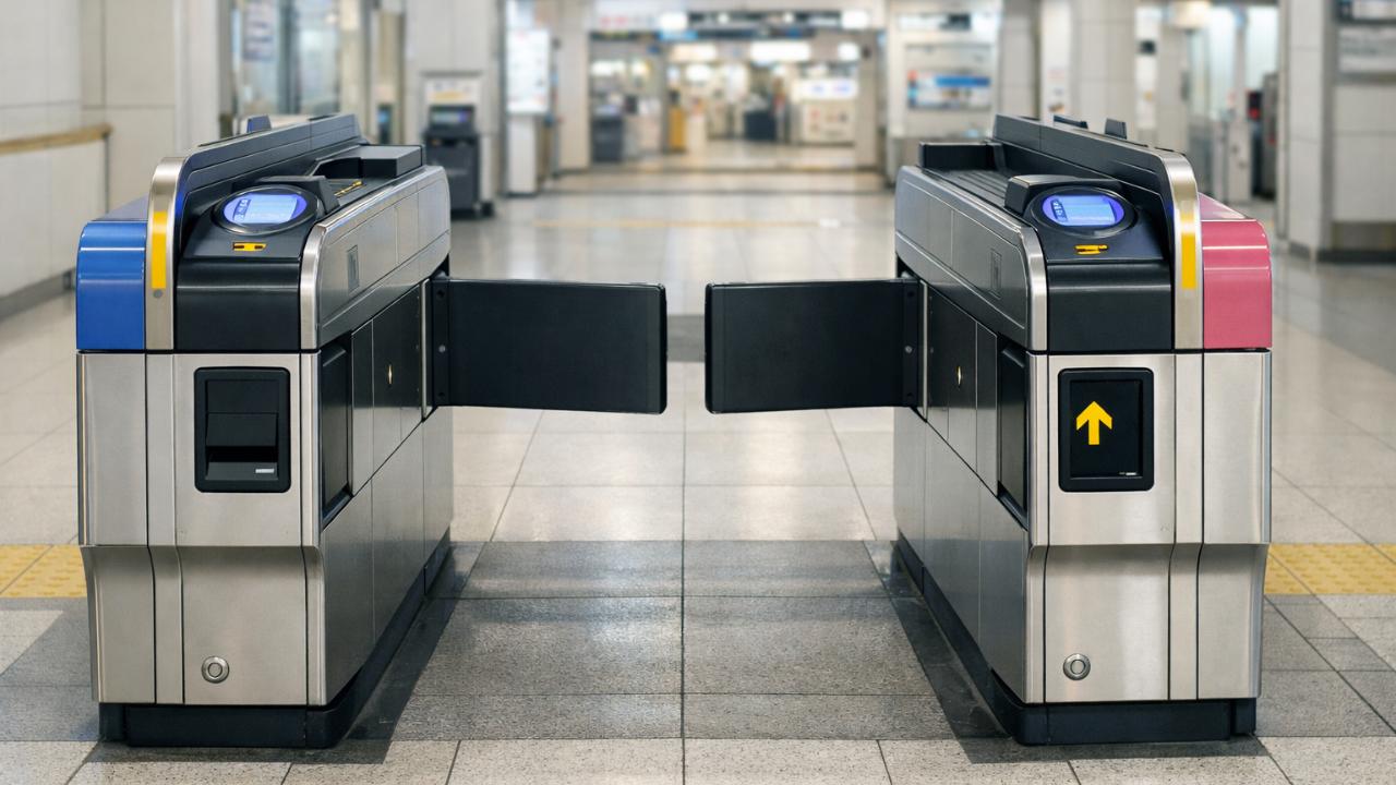 駅の自動改札機を正面から撮影したような写真風イメージ