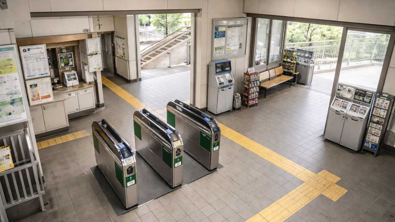 無人駅の改札周辺を俯瞰したイメージ