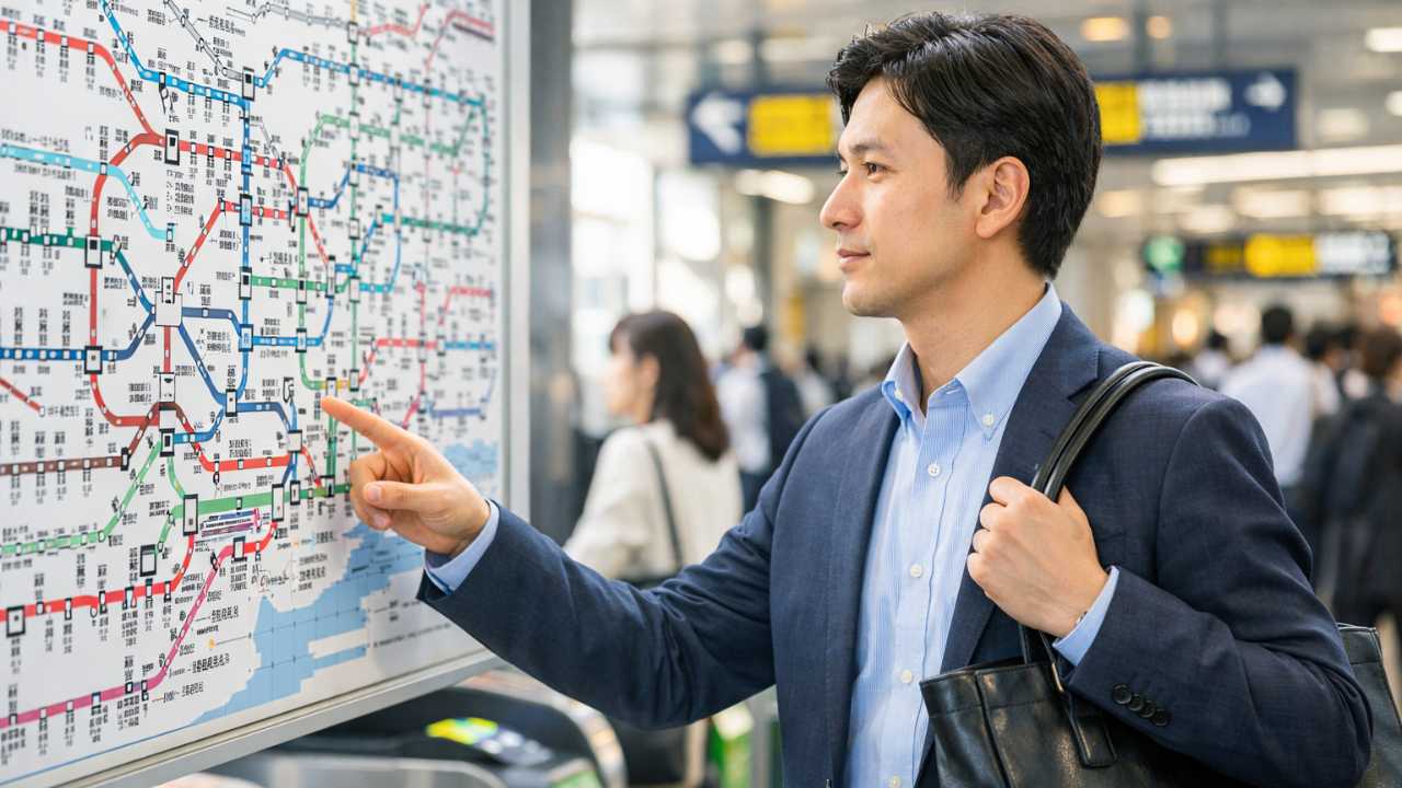 駅の改札前で路線図を見ながら落ち着いて確認する人物