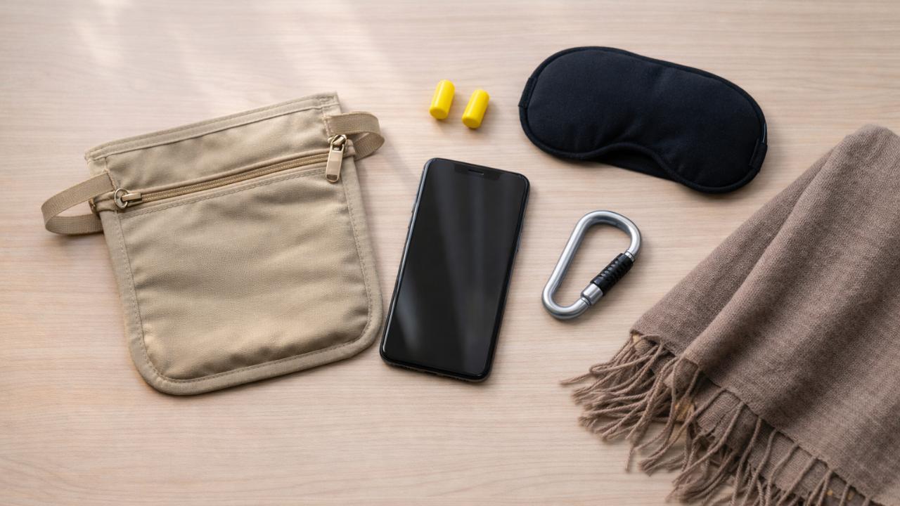 防犯ポーチ、スマホ、イヤープラグ、アイマスク、カラビナ、ストールを机上に整然と配置