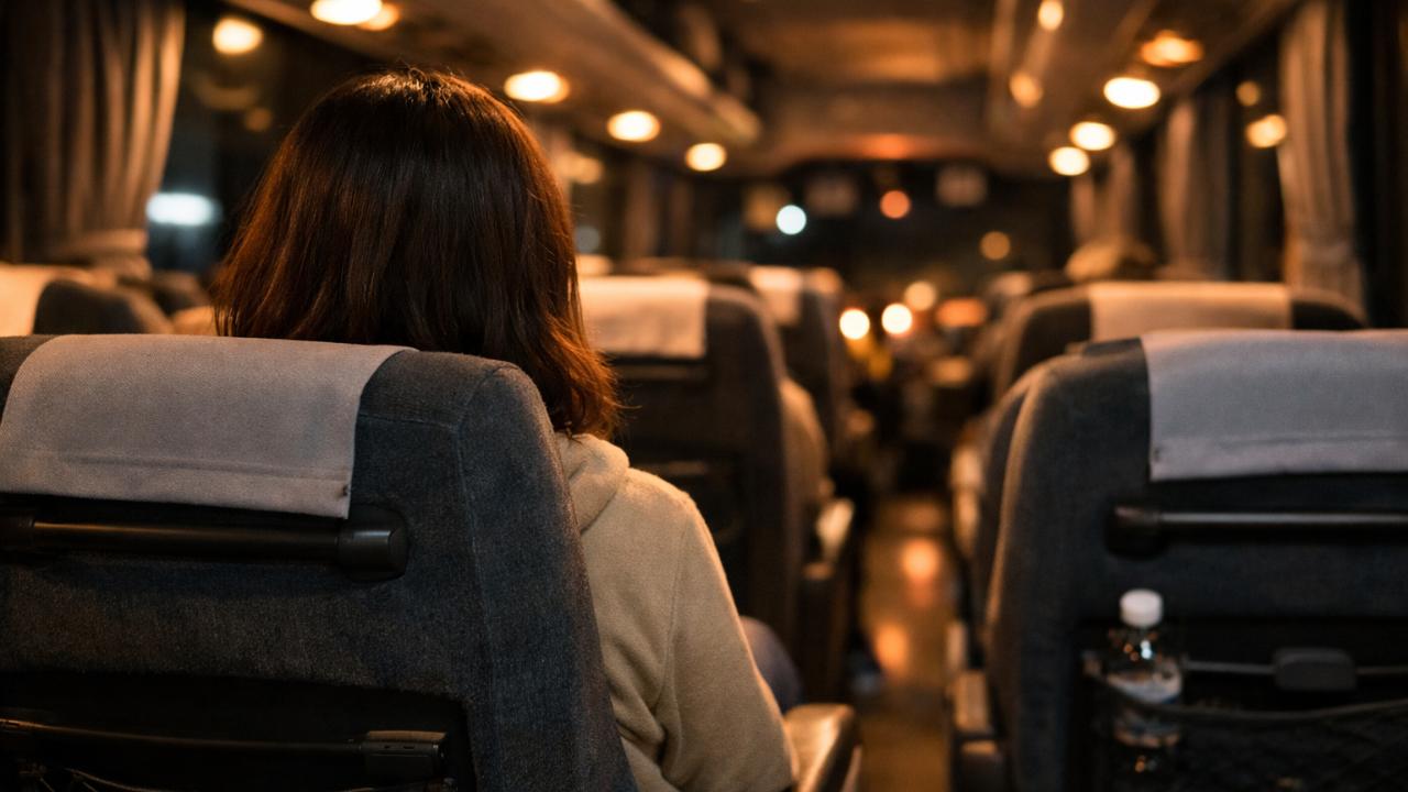 清潔感のある夜行バス車内、落ち着いた暖色照明、女性が安心して座っている雰囲気