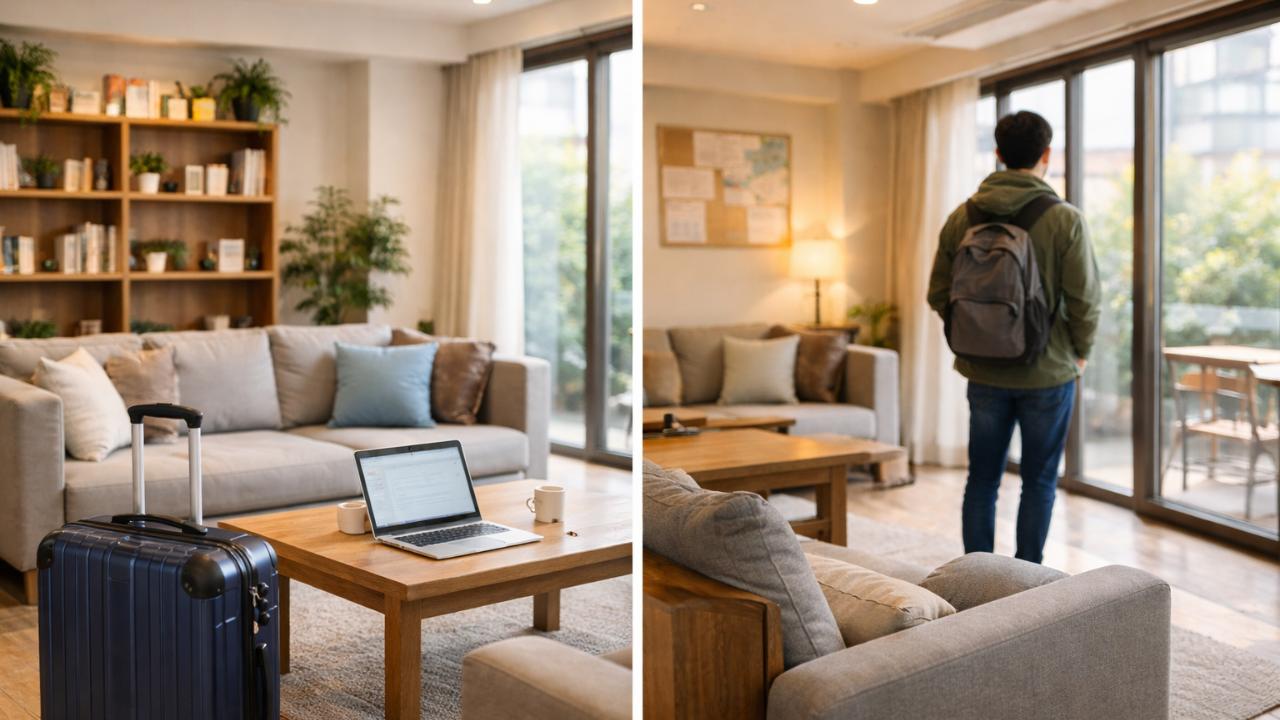 ゲストハウスの明るいラウンジ