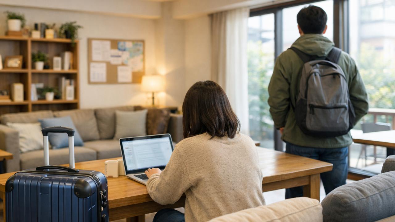 ゲストハウスの明るいラウンジ