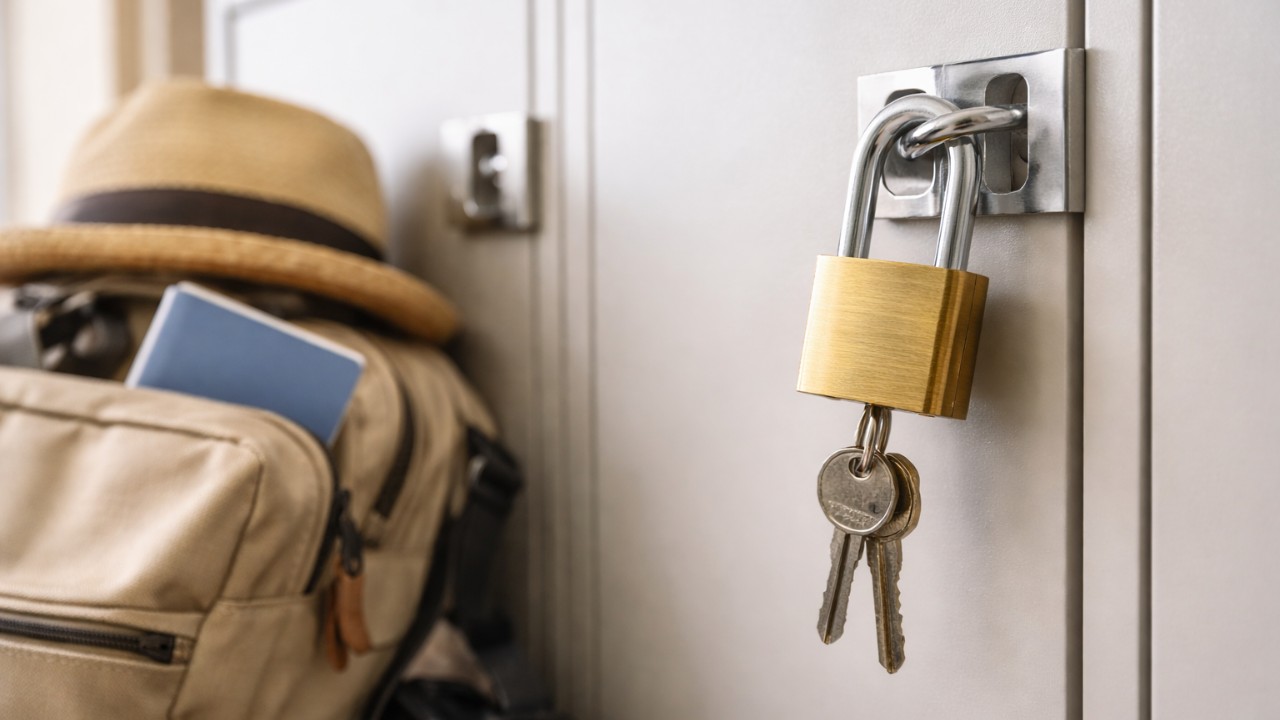 南京錠とロッカー扉のクローズアップ、旅行者向け防犯イメージ