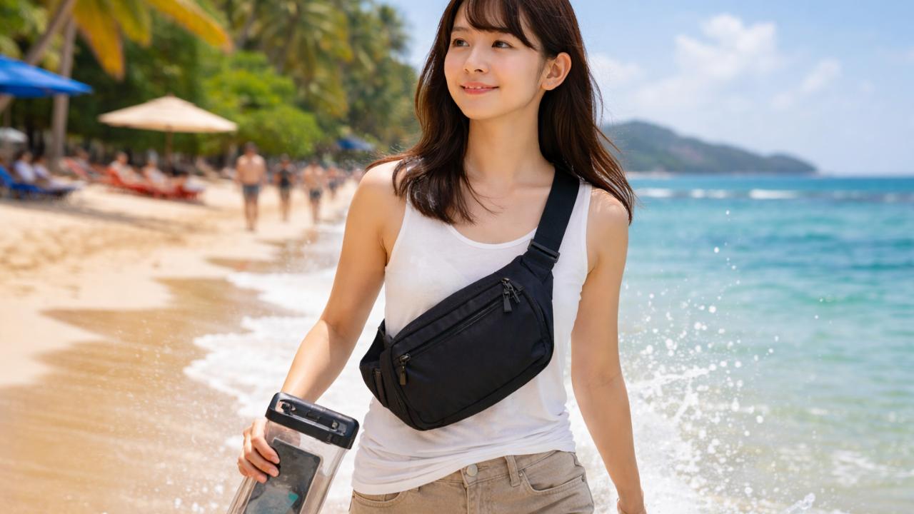 ビーチで防水ポーチと斜めがけ、砂や水しぶきが連想できる爽やかな写真風