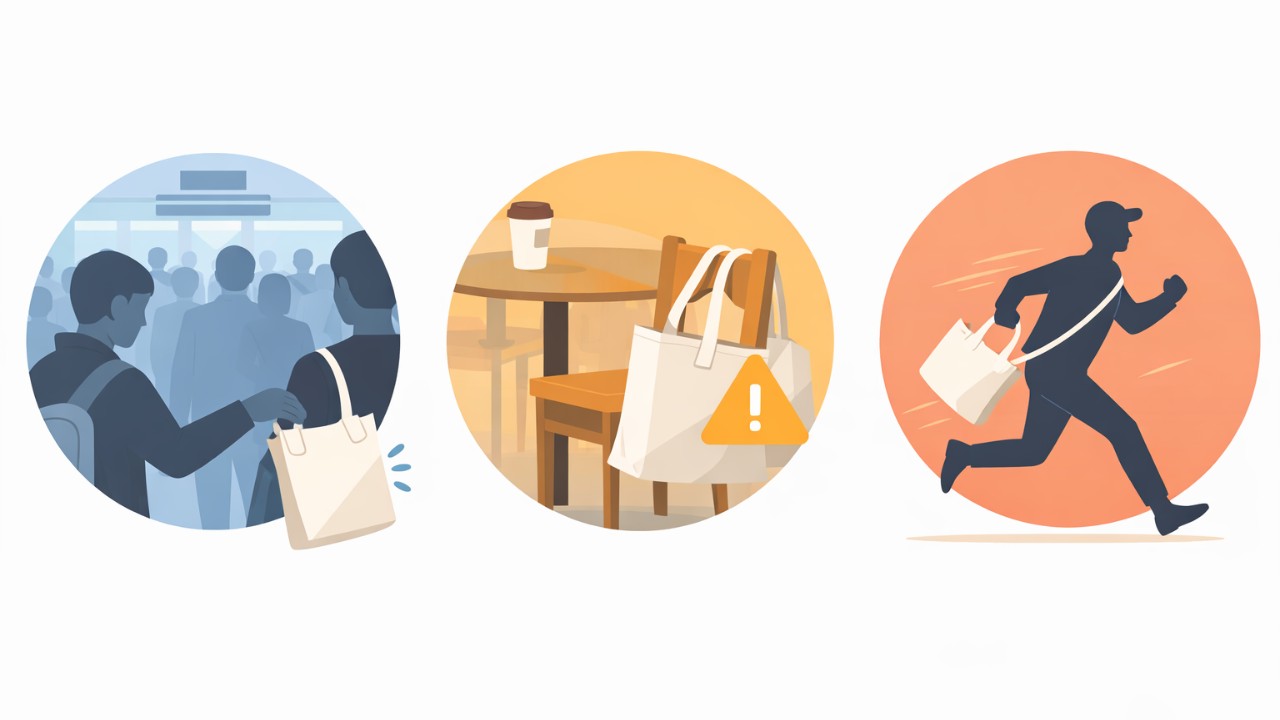 スリ・ひったくり・置き引きを3つのアイコンで比較するインフォグラフィック風