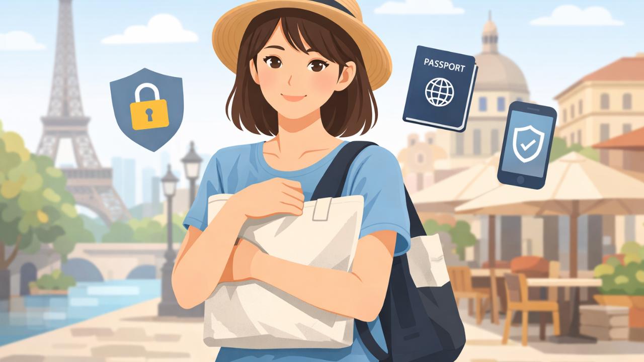 日本人20代女性旅行者がシンプルなトートバッグを体の前で抱え、背景に海外の街並み